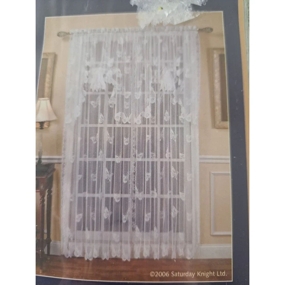 NEW Vintage Lace Swag Curtain Panels Butterflies Sage Green Boho Cottage 58x38